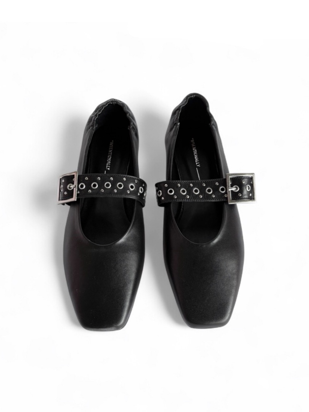 FORUM Mary Jane Black Square-Toe Flats with Studded Buckle